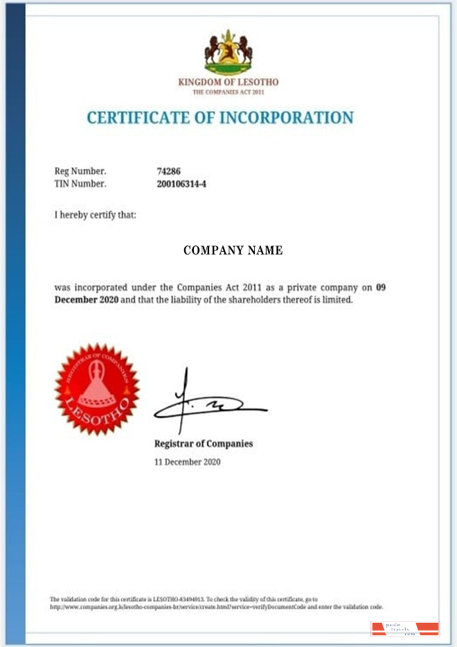 Lesotho Certificate of Incorporation